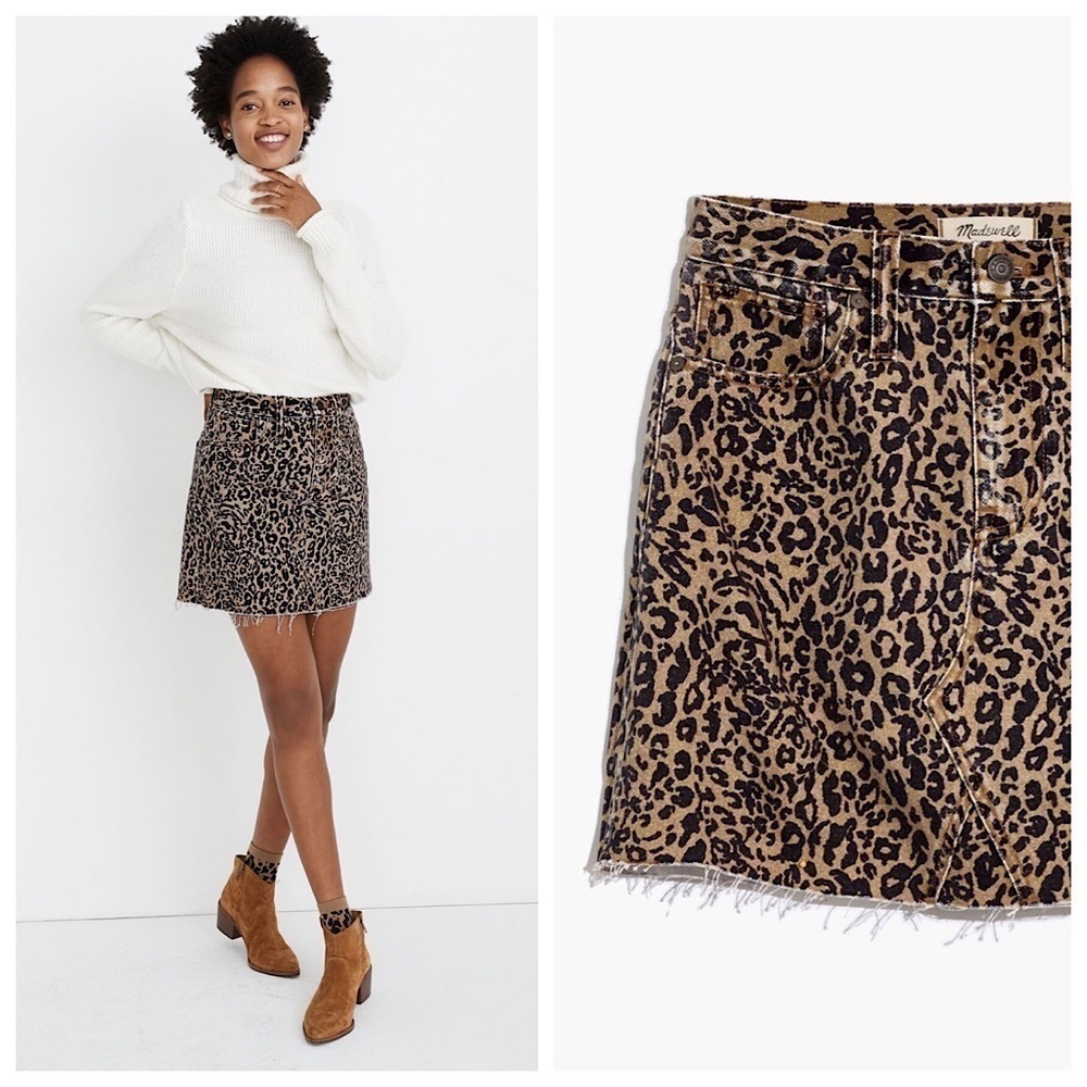 NEW! MADEWELL LEOPARD RIGID DENIM A LINE MINI SKIRT Size 29 Summer Women
